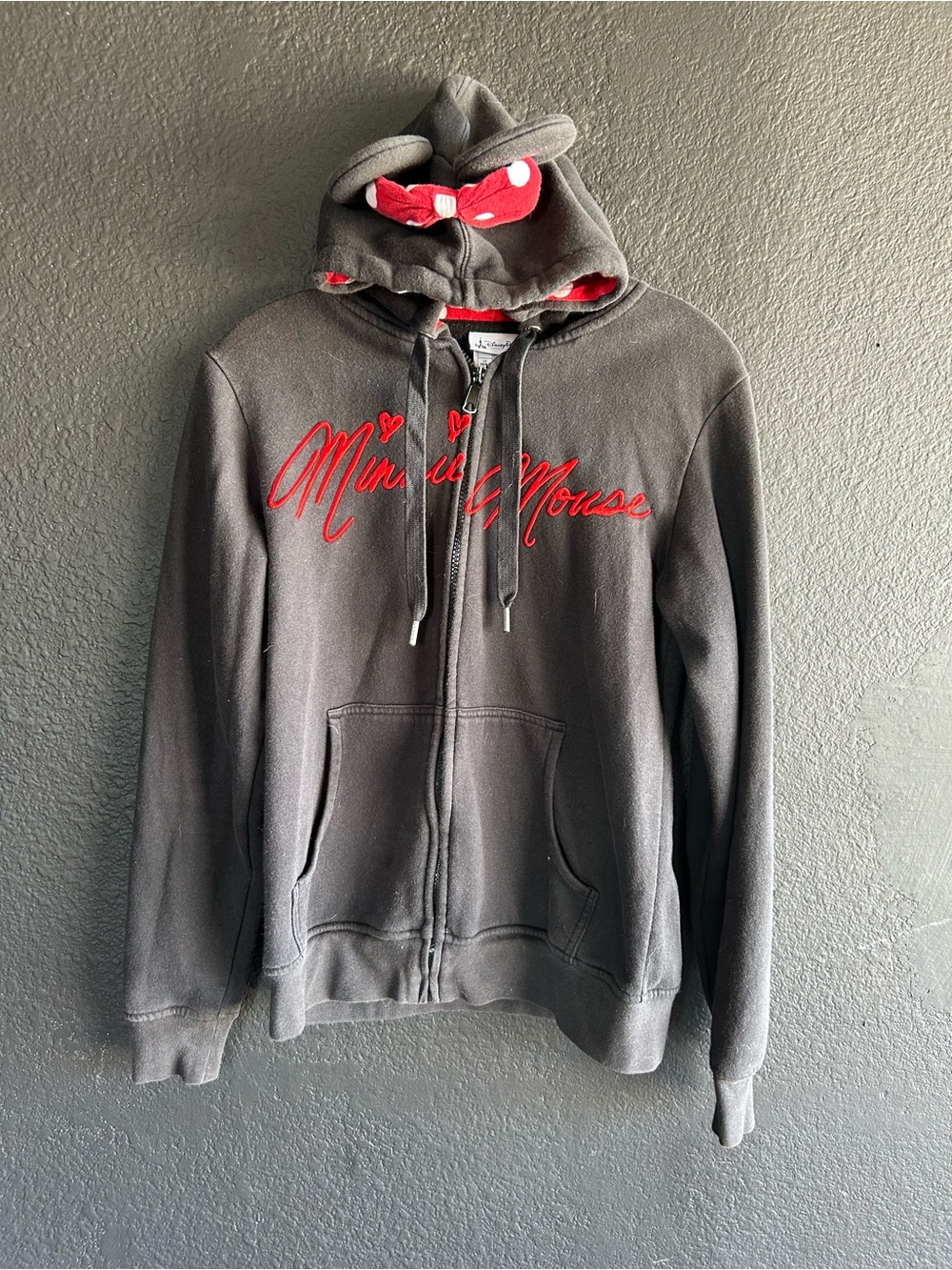 Disney Charcoal Hoodie with Red Minnie Script & Bow Accent